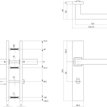 Poignée de porte Intersteel Square sur bouclier rectangulaire dissimulée 219x40mm avec cames wc 63/8mm acier inoxydable EN1906/4