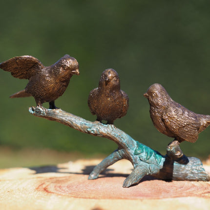 Bronzen beeld 3 mussen op takje 13x8x24cm