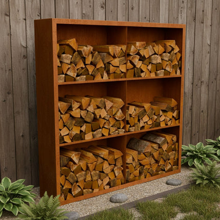 Cortenstalen houtopslag met 6 Vakken met achterwand 200x38,5x200 cm