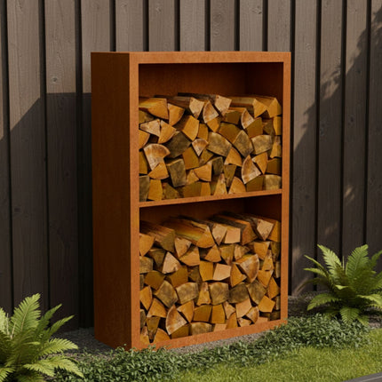 Cortenstalen houtopslag met 2 Vakken met achterwand 100x38,5x150 cm