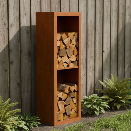 Cortenstalen houtopslag met 2 Vakken met achterwand 50x38,5x150 cm