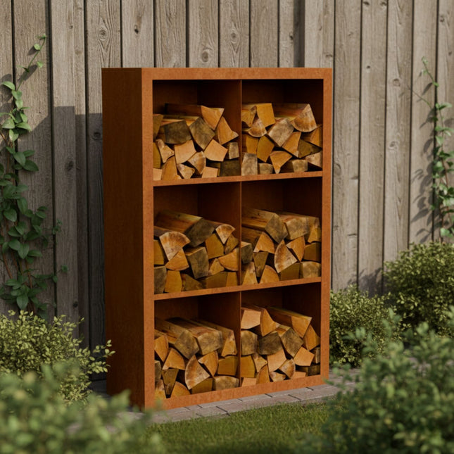 Cortenstalen houtopslag met 4 Vakken met achterwand 150x38,5x150 cm