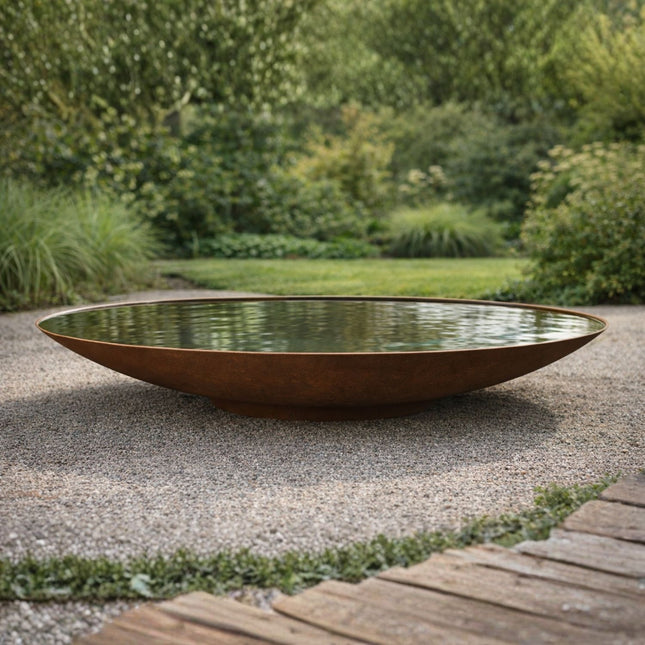 Grote ronde cortenstaal waterschaal 120x16,1 cm