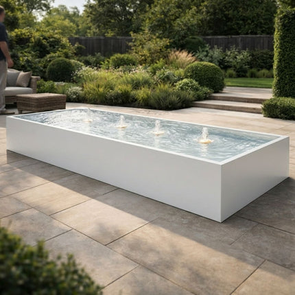 Langwerpige aluminium watertafel met fonteinen 400x150x40cm 130kg - Zuiver Wit (RAL 9010)