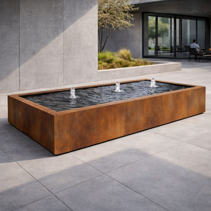 Langwerpige cortenstaal watertafel met fonteinen 300x120x40cm 251kg