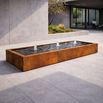 Langwerpige cortenstaal watertafel met fonteinen 300x60x40cm 165kg