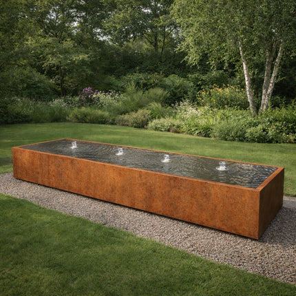 Langwerpige cortenstaal watertafel met fonteinen 400x100x40cm 299kg