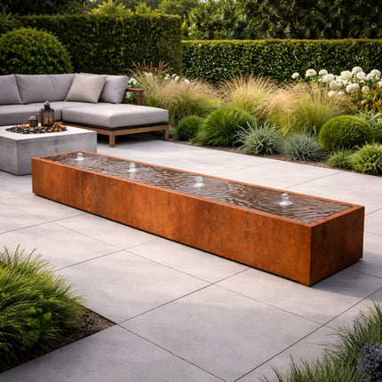 Langwerpige cortenstaal watertafel met fonteinen 400x60x40cm 218kg