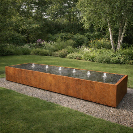 Langwerpige cortenstaal watertafel met fonteinen 500x100x40cm 355kg