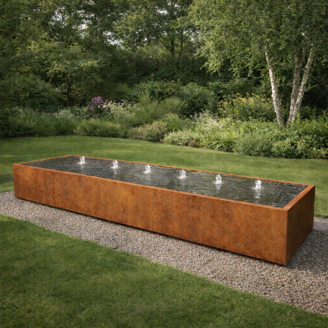 Langwerpige cortenstaal watertafel met fonteinen 500x100x40cm 355kg