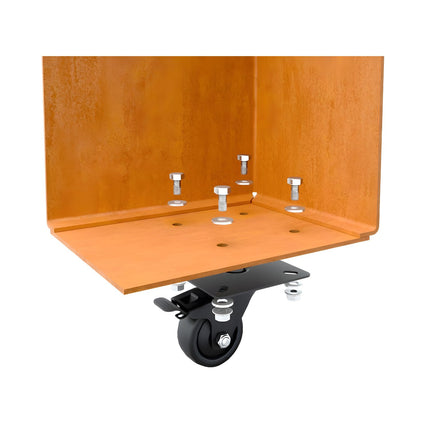 Langwerpige cortenstalen plantenbak met wielen 150x40x40 cm