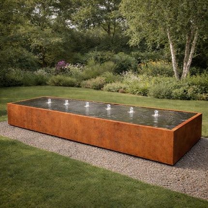 Langwerpige cortenstalen watertafel met fonteinen 500x150x40cm 452kg