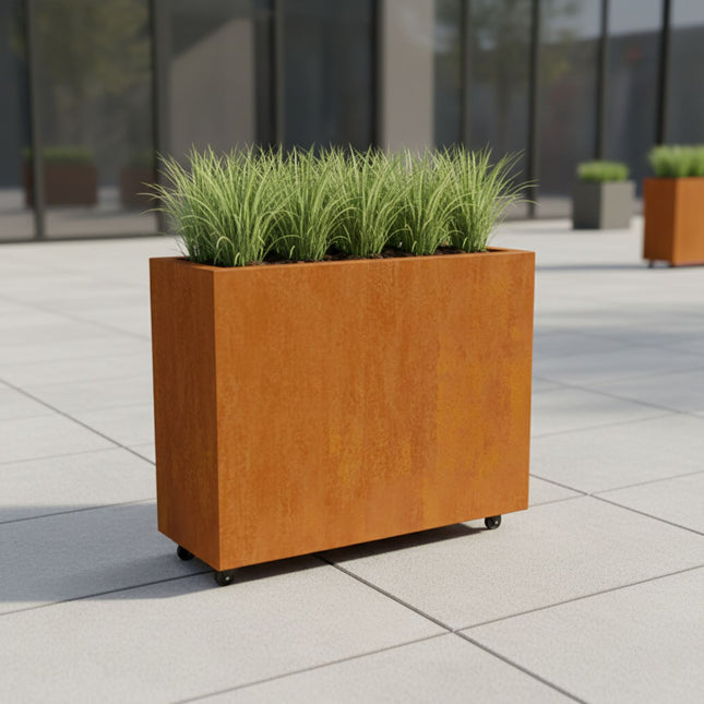 Langwerpige cortenstalen plantenbak met wielen 100x40x80 cm