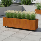 Langwerpige cortenstalen plantenbak met wielen 120x40x40 cm