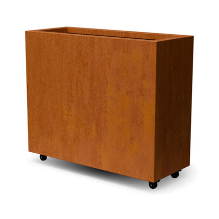 Langwerpige cortenstalen plantenbak met wielen 120x40x80 cm