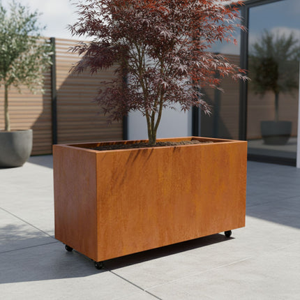 Langwerpige cortenstalen plantenbak met wielen 120x50x60 cm