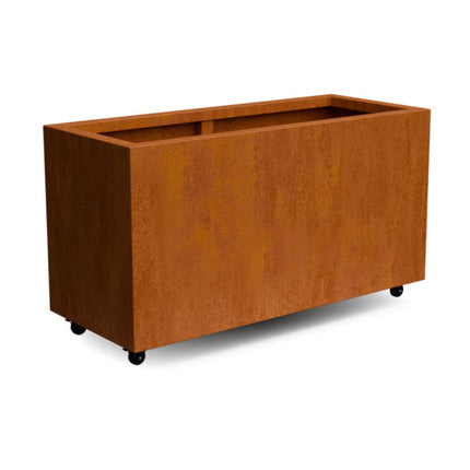 Langwerpige cortenstalen plantenbak met wielen 120x50x60 cm