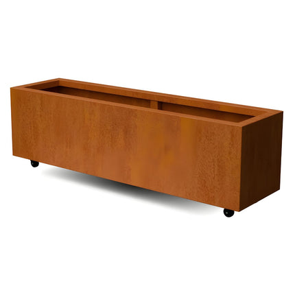 Langwerpige cortenstalen plantenbak met wielen 150x40x40 cm