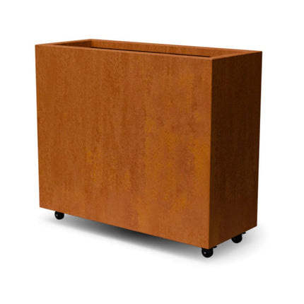 Langwerpige cortenstalen plantenbak met wielen 150x40x80 cm