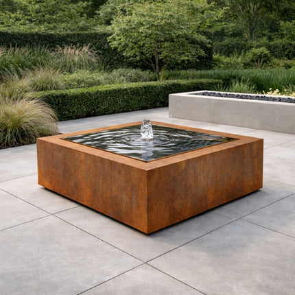 Vierkante cortenstaal watertafel met fontein 100x100x40cm 88kg