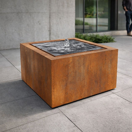 Vierkante cortenstalen watertafel met fontein 60x60x70cm 40kg