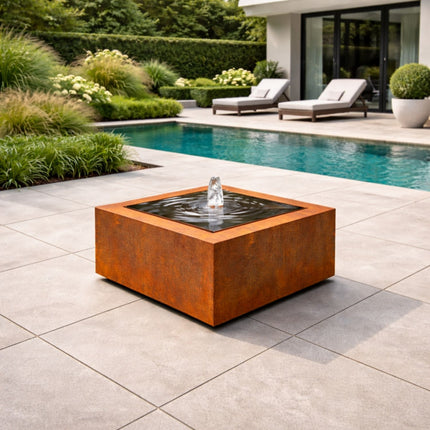 Vierkante cortenstalen watertafel met fontein 60x60x40cm 30kg