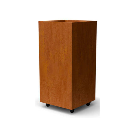 Vierkante cortenstalen plantenbak met wielen 50x50x100 cm