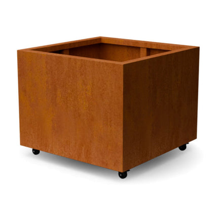 Vierkante cortenstalen plantenbak met wielen 80x80x60 cm