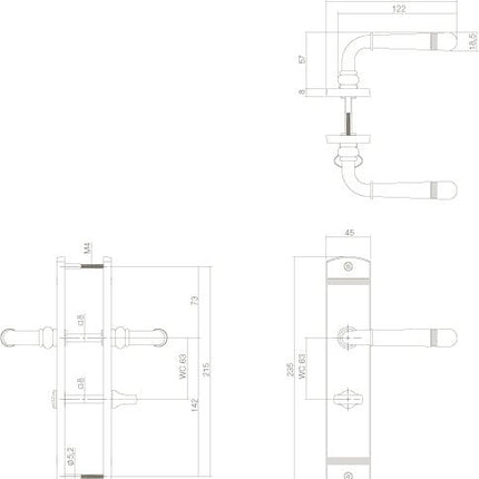 Intersteel Deurkruk Helena op schild 235x45x8 mm met WC63/8 mm messing gelakt - Doika - Deurkrukken op schild - Intersteel - 8714186514122 - 13,170,565