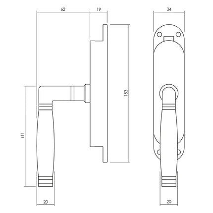 Intersteel Kruk - espagnolet links Ton 222 met stangenset 2x 1250 mm messing ongelakt /ebbenhout - Doika - Deurespagnoletten - Intersteel - 8714186541296 - 0010.562062B