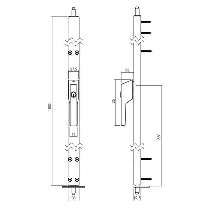 Intersteel Raamespagnolet afsluitbaar Links 1800mm met uitwisselbare cilinder aluminium - Doika - Raamespagnoletten - Intersteel - 8718419305136 - SI - 1428 - 18A - 71L