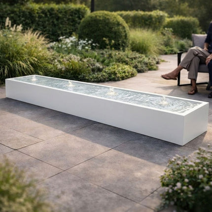 Langwerpige aluminium watertafel met fonteinen 400x60x40cm 75kg - Zuiver Wit (RAL 9010) - Doika - Watertafel - Geroba -  - TaulaAA10-9010