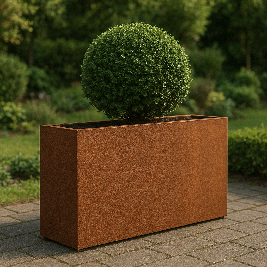 Langwerpige cortenstalen plantenbak met bodem 150x30x80 cm