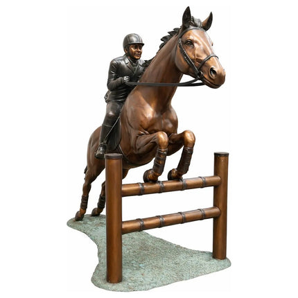 Tuinbeeld Springend Paard Met Jockey Brons