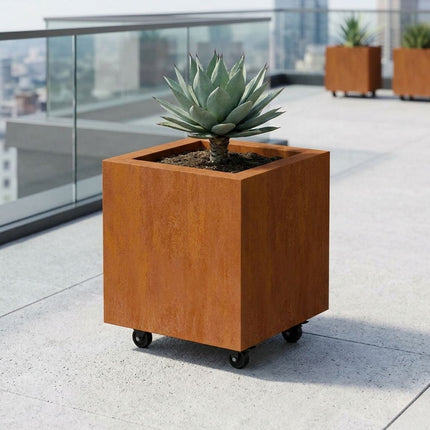Vierkante cortenstalen plantenbak met wielen 40x40x40 cm - Doika - Plantenbak - Geroba -  - QuadraWH2