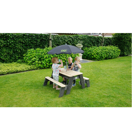 EXIT Aksent zand-, water- en picknicktafel (2 bankjes) met parasol en tuingereedschap - Doika BV - Zand- en watertafels - EXIT Toys - 8718469469024 - 52.05.10.45