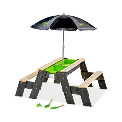 EXIT Aksent zand-, water- en picknicktafel (2 bankjes) met parasol en tuingereedschap - Doika BV - Zand- en watertafels - EXIT Toys - 8718469469024 - 52.05.10.45